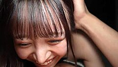 oh wow, this busty japanese beauty with long hair and big natural tits strips in uniform, showing her curvy ass and small waist on bed