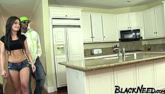 Amateur with small tits takes deepthroat from big black cock ending in sloppy facial cumshot