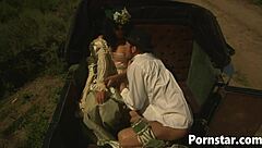 Adorable horny olivia del rio in corset and pantyhose rides cock outdoors with big tits bouncing.