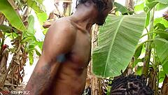 African Ebony Amateurs Sucking Big Cock and Fucking Hairy Pussy Outdoors in Bush