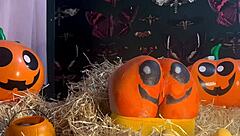 Horny Teen Experiences Double Creampie with Monster Cock in Doggystyle During Halloween Pumpkin Patch Adventure