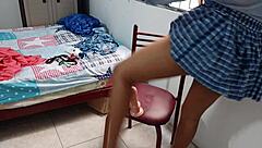 Seductive Latina teacher in uniform gets groped by student during dirty sexy brunette encounter.