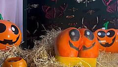 Horny Teen Experiences Double Creampie with Monster Cock in Doggystyle During Halloween Pumpkin Patch Adventure