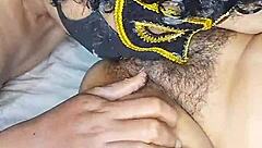 Blonde Indian bhabhi with huge natural tits gets her hairy wet pussy licked intensely.