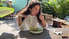 Hey, I asked my friend to cum on my face in a cafe so I could eat food with sperm - wild public cumwalk!