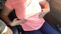 Big natural tits flash temptingly in car outdoor public display