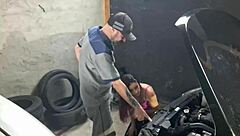 Redhead amateur takes her car to the mechanic for repairs and enjoys the service experience