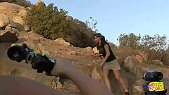 I watched cleaning up after outside fun turn into an amazing lesbian threesome with hot brunettes licking, fingering, and using dildos together.