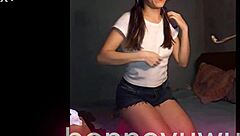 Provocative Argentinian amateur Bonneyuwu masturbates on bed with transparent dildo