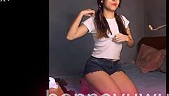 Provocative Argentinian amateur Bonneyuwu masturbates on bed with transparent dildo