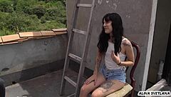 Neighbor Fucks Me On Terrace With Tight Pussy Licking While Husband Away!