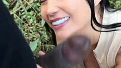 Hot Asian gets stopped by police and fucks without condom in the woods during intense interracial encounter