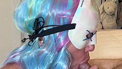 Bad bunny in Halloween costume teases with striptease then deepthroats huge cock for mouthful of cum squirting wet pussy