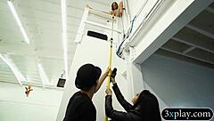 Blindfolded guy explores fucking brunette babe with dildo toy in reality cash setup