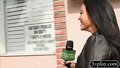 Blindfolded guy explores fucking brunette babe with dildo toy in reality cash setup