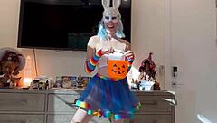 Bad bunny in Halloween costume teases with striptease then deepthroats huge cock for mouthful of cum squirting wet pussy