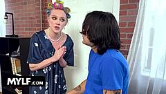 Blonde milf enjoys monster cock in ffm threesome with pussy licking and muff diving action