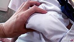 japanese teen with big natural tits rides cowgirl in uncensored pov creampie action