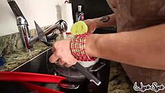 Curious how mature pornstar Sara Jay deeply inserts her glass dildo in the kitchen solo session