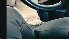 Woman in jeans stuck in traffic ends up with an accident.