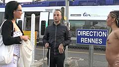 exhibitionists at station lure passenger home for rough assfucking fun