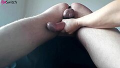 She begins with a soothing massage that turns into intense cock milking while he's bound.