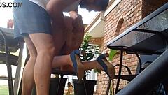 upskirt view of me fucking blonde milf outdoor with a giant dildo