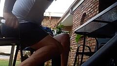 upskirt view of me fucking blonde milf outdoor with a giant dildo