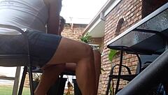 upskirt view of me fucking blonde milf outdoor with a giant dildo