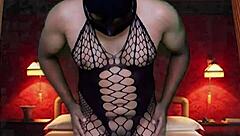 trying on full body stocking naked with blue masquerade mask collared in sexy room for bondage play
