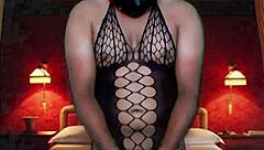 trying on full body stocking naked with blue masquerade mask collared in sexy room for bondage play