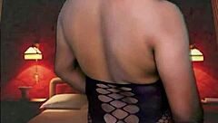 trying on full body stocking naked with blue masquerade mask collared in sexy room for bondage play