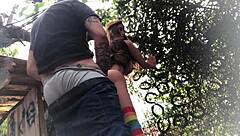 Outdoor anal assfucking the redhead sex toy doll in backyard