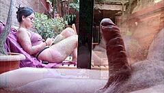 Stepson Pulls Out Big Cock on Terrace, Excites Looking at Me Behind Window Without Bra, Shows Erection to Neighbors While Nipples Harden