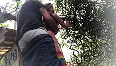 Outdoor anal assfucking the redhead sex toy doll in backyard