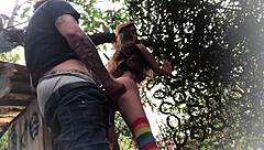 Outdoor anal assfucking the redhead sex toy doll in backyard