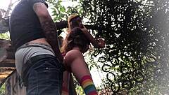 Outdoor anal assfucking the redhead sex toy doll in backyard