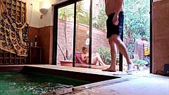 Stepson Pulls Out Big Cock on Terrace, Excites Looking at Me Behind Window Without Bra, Shows Erection to Neighbors While Nipples Harden