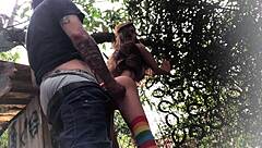 Outdoor anal assfucking the redhead sex toy doll in backyard