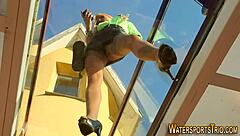 Fetish slut gargles piss in stockings