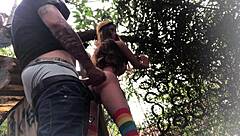 Outdoor anal assfucking the redhead sex toy doll in backyard