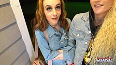 Skinny blonde Sassy and cute brunette Lola enjoy sucking tits and twats.