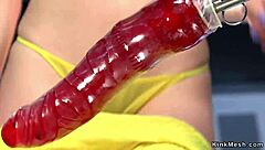 I see this babe in yellow panties rubbing her dildo