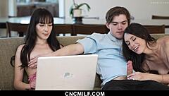 Stepsisters? No way, Ashley Wolf and Emma Jade summon a freeuse guy for wild threesome doggystyle and blowjob action!