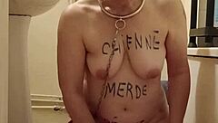 Amateur milf bound in BDSM humiliation session flashing natural tits as submissive slave in 2024.