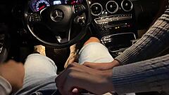 Passionate Russian couple gives blowjob in Mercedes Benz car in public woods