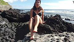 oh wow, this seductive milf's giving me foot fetish vibes right here on the public beach