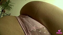 Georgia F pulls panties down in bedroom to rub clit and finger shaved pussy