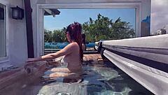 feeling so aroused with my big tits and shaved pussy during solo jacuzzi fun in florida outdoors