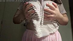 Hot Indian milf teases her big natural tits and lactating nipples on webcam in solo masturbation close-up